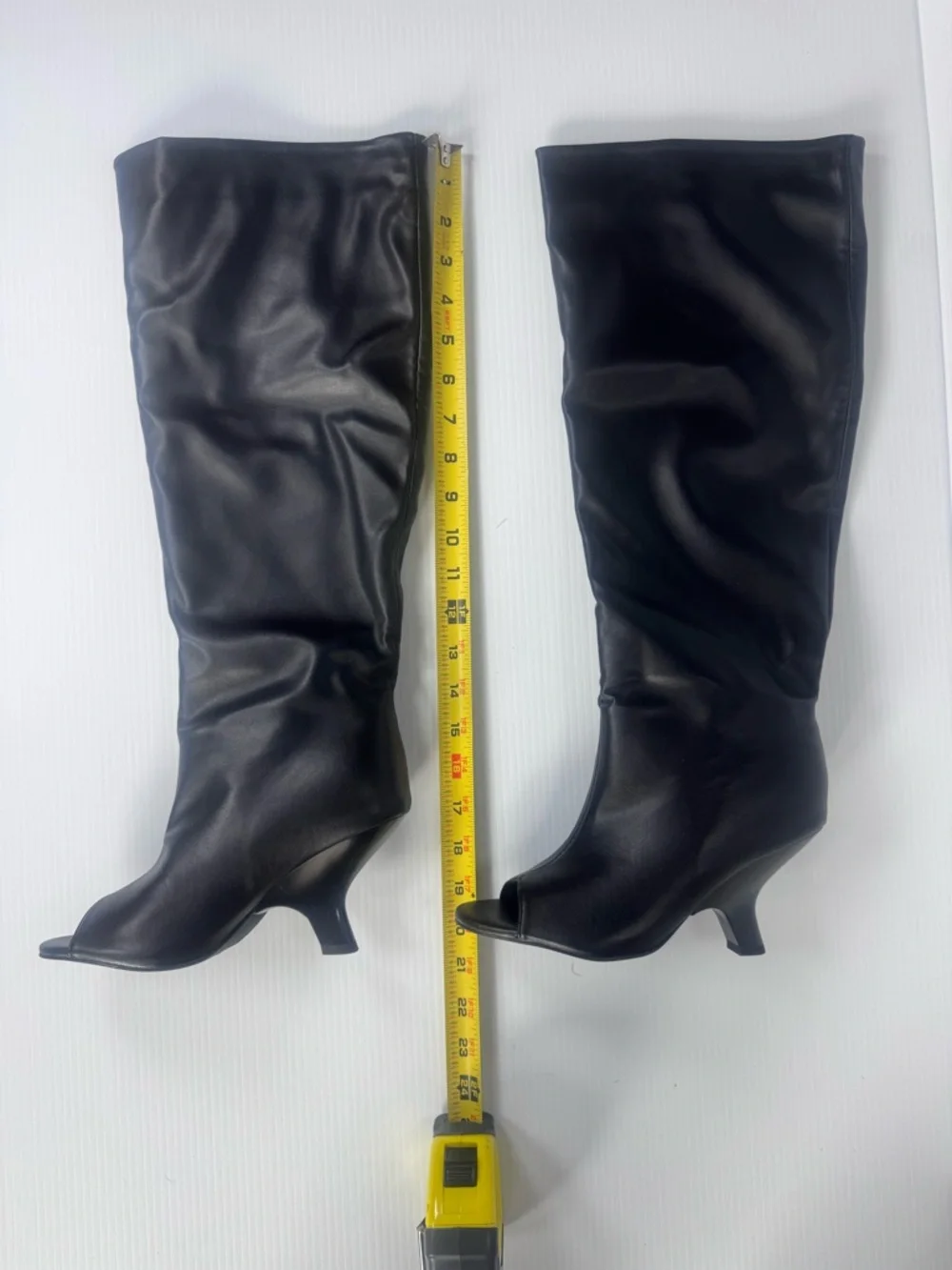 Black Slouchy Knee-High Boots Peep Toe Kitten Heel Size 6.5